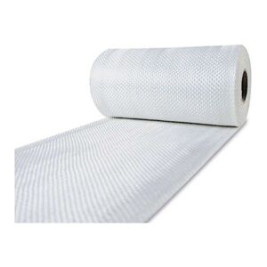 En rulle Glasfibertape 100 mm 225 g med hvidt tekstureret netmateriale, vist delvist udrullet mod en almindelig hvid baggrund.