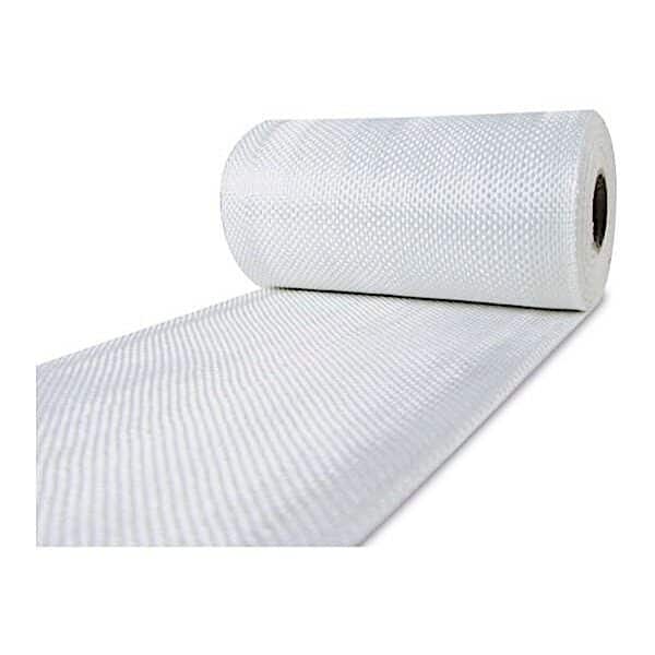 En rulle Glasfibertape 100 mm 225 g med hvidt tekstureret netmateriale, vist delvist udrullet mod en almindelig hvid baggrund.