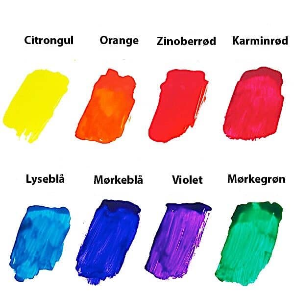 Otte farveprøver af Transparent farve - tykke penselstrøg i citrongul, orange, purpurrød, karminrød, lyseblå, mørkeblå, violet og mørkegrøn - er hver især mærket på dansk.