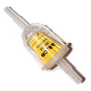 Et kompakt, cylindrisk universalfilter med et gennemsigtigt plastikhus og et gult papirfilterelement indeni.