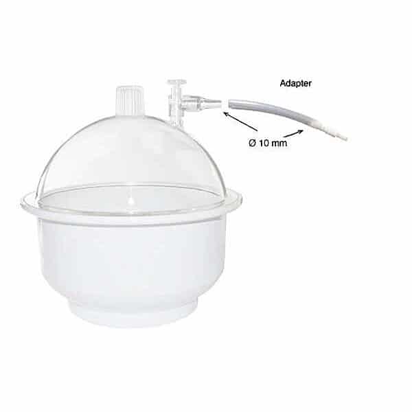 Vakuumkammeret er et gennemsigtigt kuppelformet plastkammer med en ventil og en adapterslange med en diameter på 10 mm, som er placeret over en rund, hvid base.