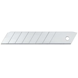 Blade til hobbykniv - 10 stk har sølvfarvede udskiftningsblade med segmenterede snap-off-sektioner og et hul til fastgørelse eller opbevaring, vist på en hvid baggrund.