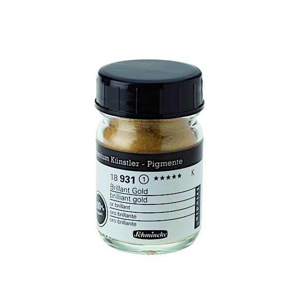 En lille glaskrukke med sort låg indeholder Schmincke Brilliant Guld og Sølv farver pigmentpulver. Krukken har en hvid etiket, og det guldfarvede pigment er synligt indeni.
