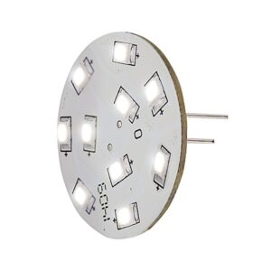 LED Pærer er en rund, flad printplade med otte små, hvide LED'er i en cirkel og to metalstifter på siden til elektrisk tilslutning.