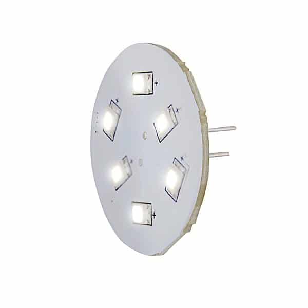 LED Pærer er et rundt, fladt LED-lysmodul med fem cirkelformede lysdioder på en hvid printplade og to metalspidser på siden til elektrisk tilslutning.