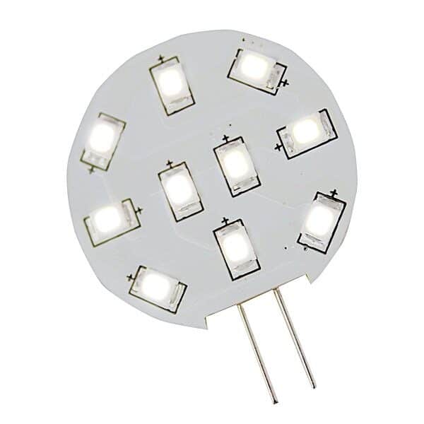 LED Pærer er en rund, hvid printplade med otte små LED-lys i et mønster og to metalspidser i bunden.