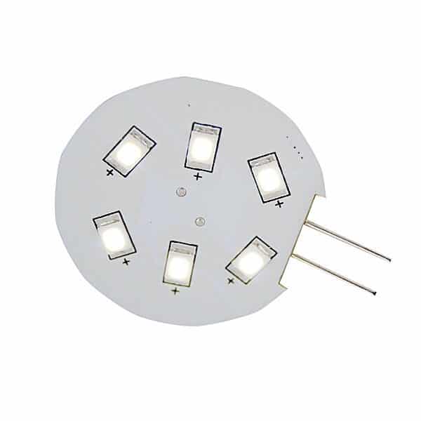 LED Pærer er et rundt, hvidt LED-lysmodul med seks rektangulære LED'er i et cirkulært layout og to metalstifter på den ene side til tilslutning.