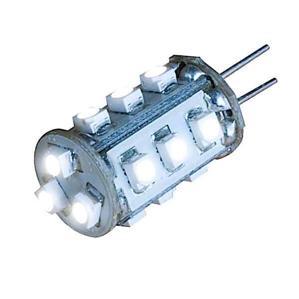 LED Pærer er en cylindrisk LED-pære med flere små hvide lysdioder rundt om overfladen og to metalstifter til elektrisk tilslutning.