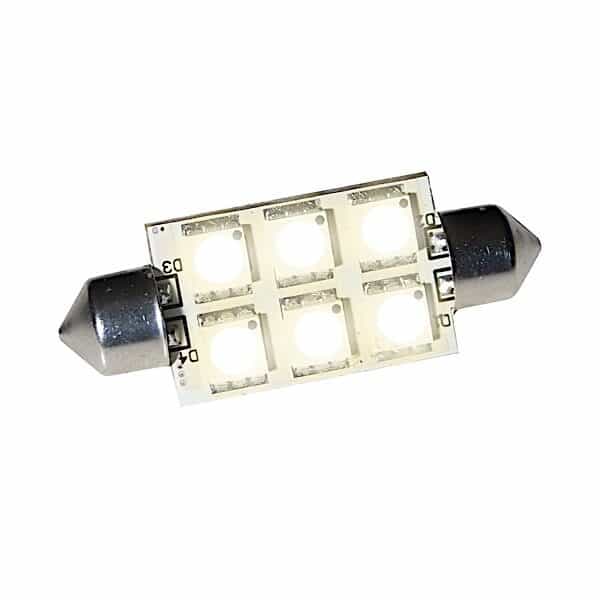 Nærbillede af LED Pærer, et rektangulært panel med seks lysende pærer og kegleformede metalstik i hver ende.