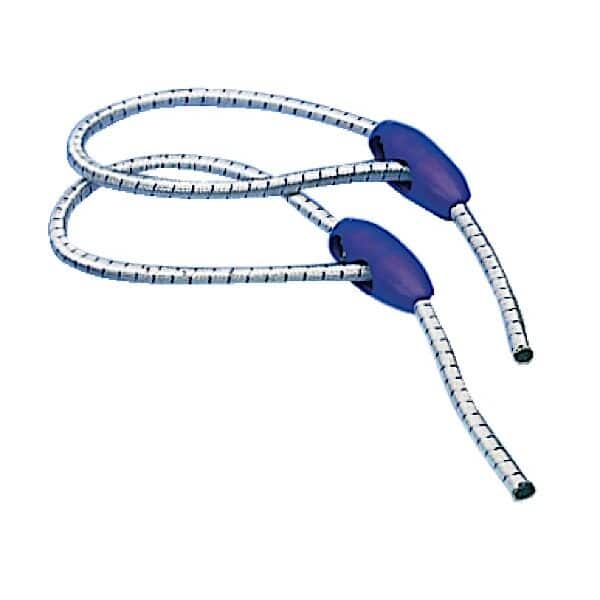 Speed Clips til elastikline er en hvid elastiksnor med sorte striber og to blå skydelåse i plast, ideel til brug som bagagerem eller snorjustering.