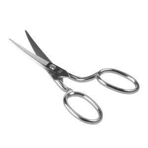Et par Fibersaks - buet skinnende saks i rustfrit stål med buede håndtag og let åbne blade vist mod en almindelig hvid baggrund.