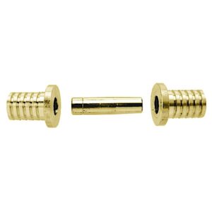 Tre Justeringsstifter er anbragt vandret på en hvid baggrund med to riflede stykker på hver side og et glat, cylindrisk stik i midten.