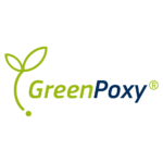GreenPoxy-logo med en stiliseret grøn plantespire til venstre for ordet "GreenPoxy", med "Green" i grønt og "Poxy" i mørkeblåt, plus et registreret varemærkesymbol.